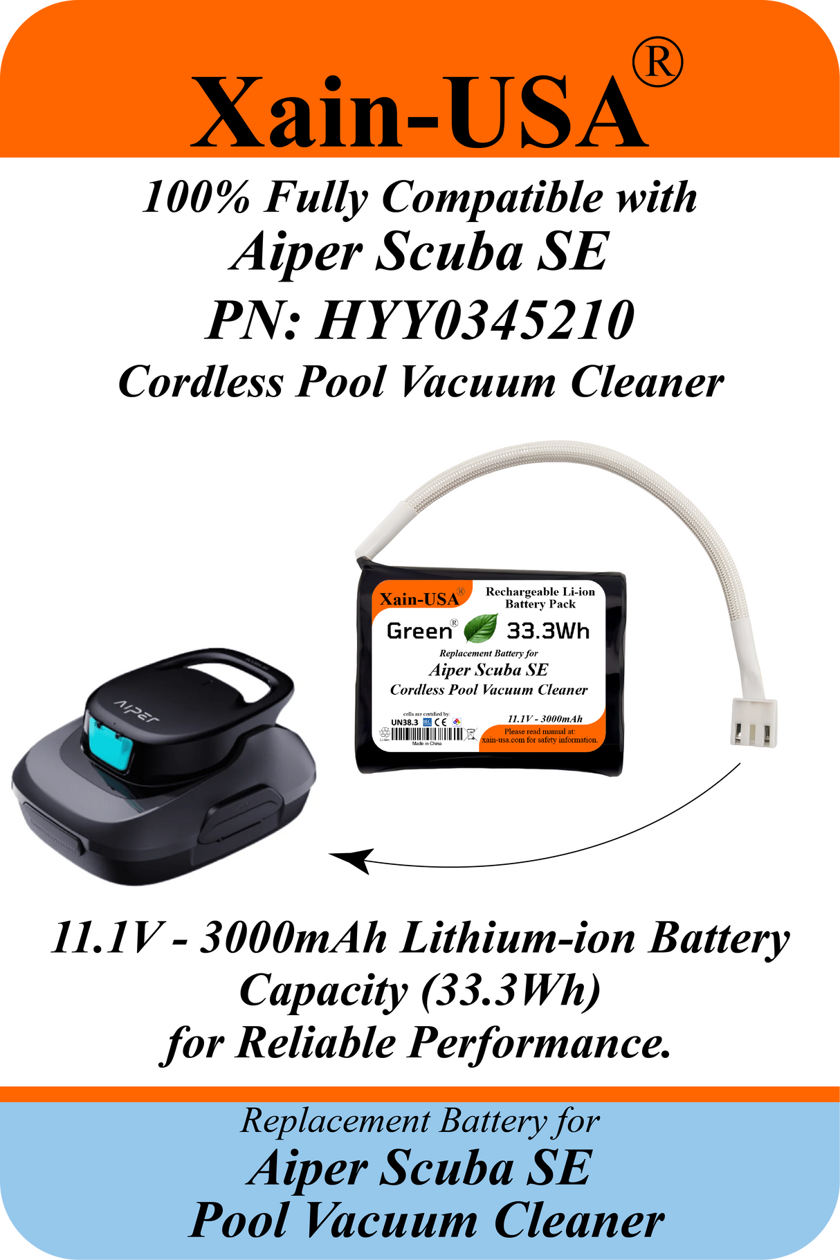 Xain-Pool Power | 3000mAh Upgraded Battery for Aiper Scuba SE Cordless Pool Vacuum Cleaner | 11.1V Extended Runtime Lithium-Ion Pack | OEM Replacement Part HYY0345210 / 3INR19/66