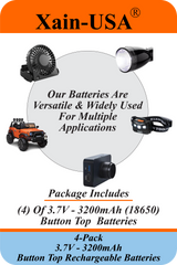 Xain-USA | 4-Pack 3.7V 3200mAh Headlight Batteries | EVE 33V 18650 Button Top Li-Ion Cells | 10A Discharge | Unprotected