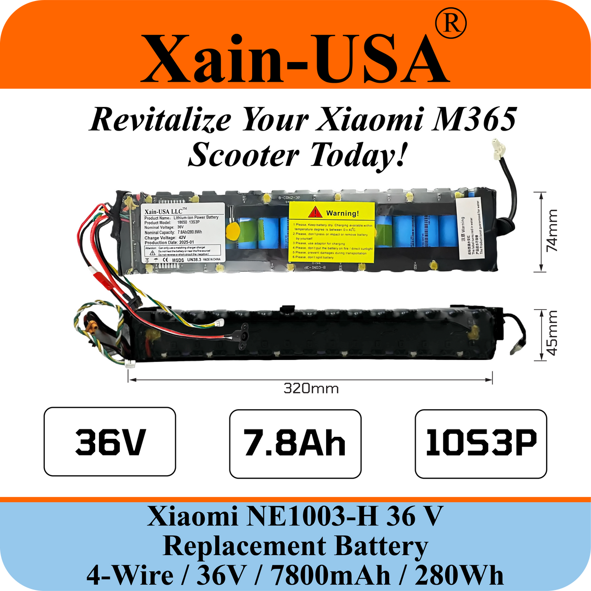 Replacement Battery For Xiaomi M365 PN: NE1003-H (36V 7800mAh, 280Wh) with Built-in Communication Protocol. Please See Our Catalog for Xiaomi Scooter Compatibility List.