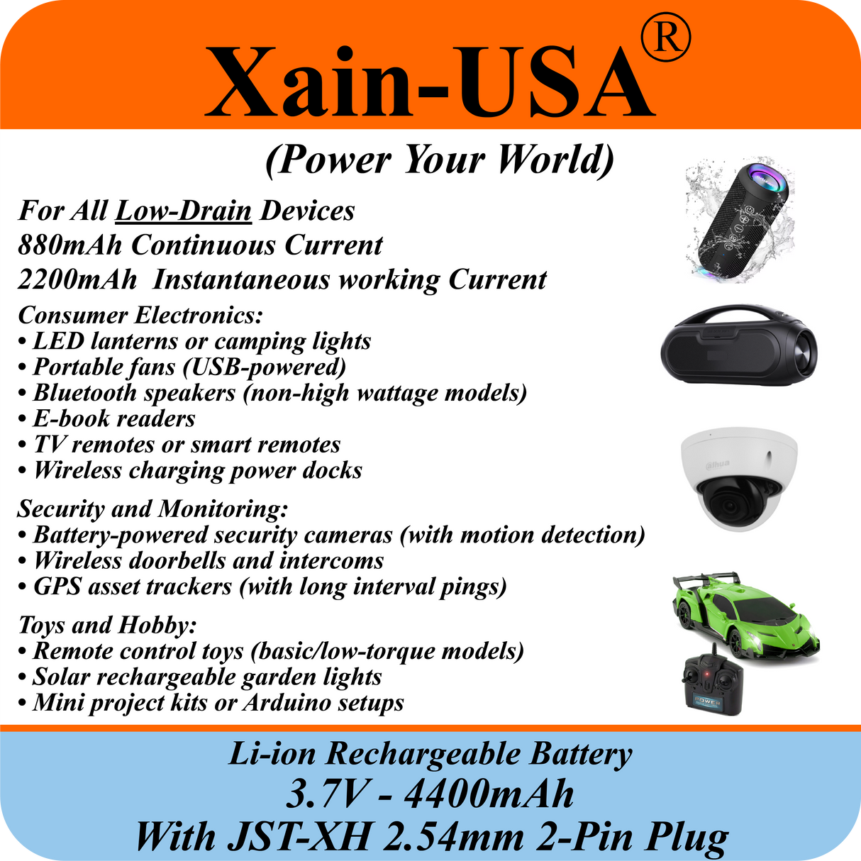 3.7V 4400mAh Li-ion Replacement Battery with JST-XH 2P 2.54mm Connector for Ortizan 24W Bluetooth Speaker IPX7, RC Toys, Lighting, DIY Equipment