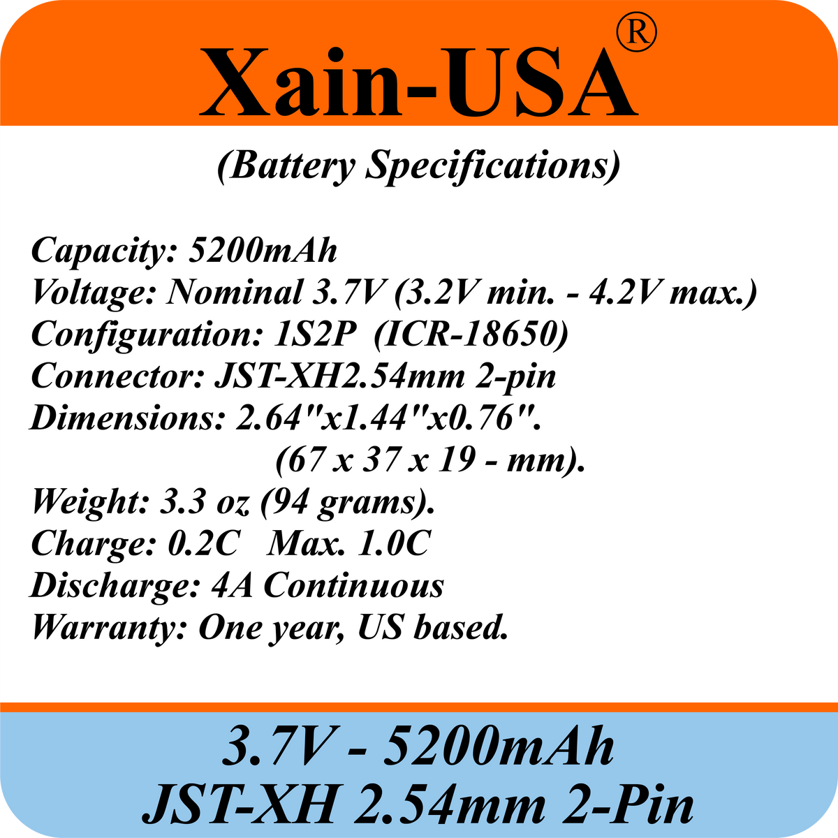 Premium 3.7V 5200mAh / High Drain / Li-ion Battery Pack / with JST-XH 2-pin Plug / Supports 4A Continuous Discharge / Ideal for Bluetooth speakers, toys, lighting, and electronics.