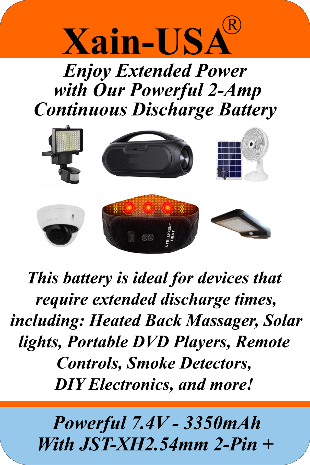Powerful 7.4V 3350mAh 2S1P Li-ion Battery Pack with JST-XH 2 Pin Positive Polarity Connector for , Heated Back Massager , Solar Lighting , Electronic Equipment , Toys