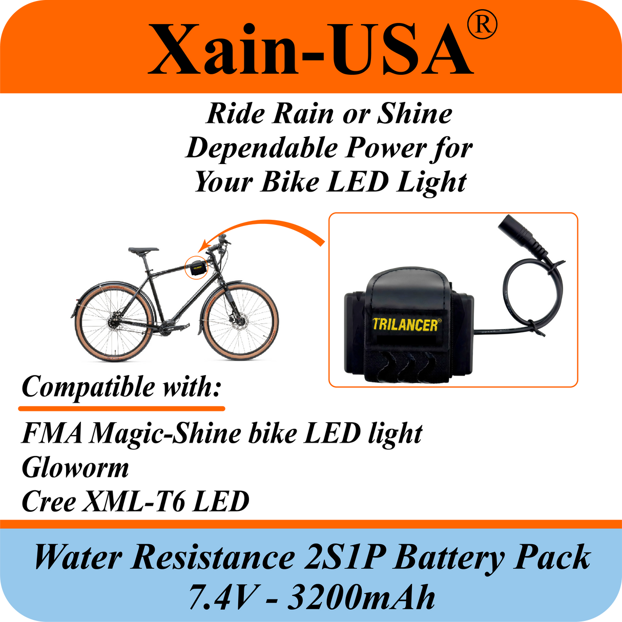 Water‑Resistant 7.4V 3200mAh Battery Pack for Bike LED Lights, DC 5.5×2.1mm Female Plug