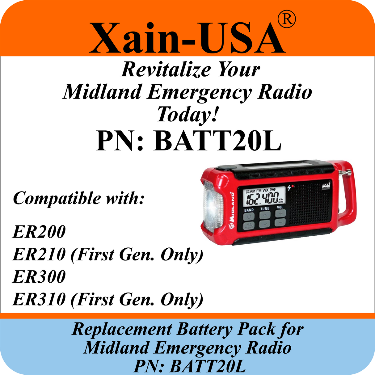 (2-Pack) 2600mAh Replacement Battery for Midland Emergency Radio PN: BATT20L, 1st Gen. ER200 / ER210 / ER300 / ER310