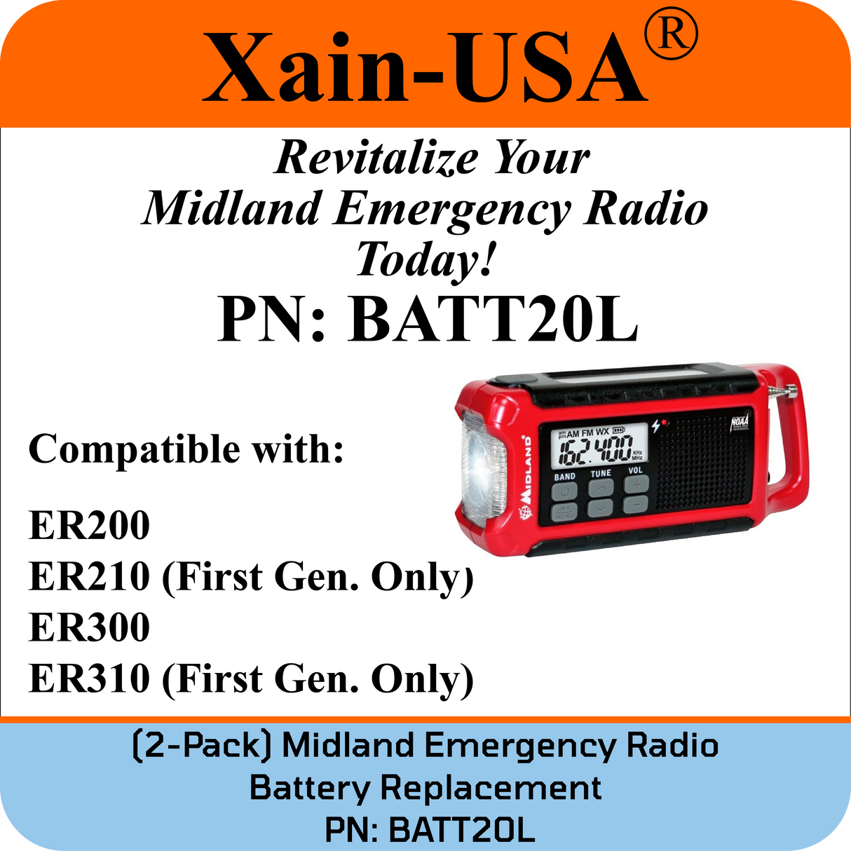 (2-Pack) PN: BATT20L Replacement Battery for Midland Emergency Radio ER200, ER300, ER210 (1st Gen), ER310 (1st Gen) – 2600mAh Li-ion, Future Xain-Xtra 1000+ Cycle Cell