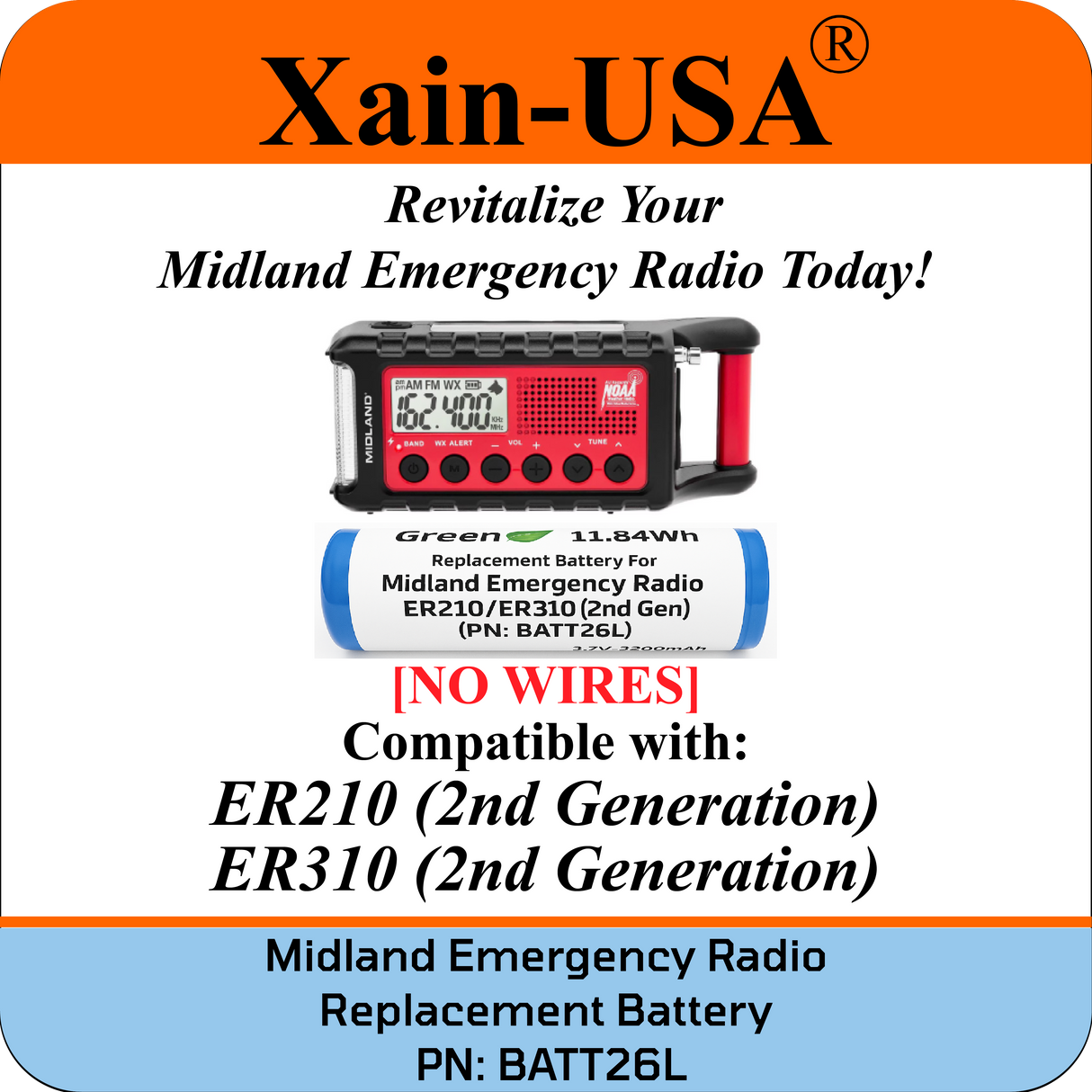 Long Lasting 3200mAh Replacement Battery for Midland Emergency Radio ER210/ER310 (2nd Gen) / PN: BATT26L.