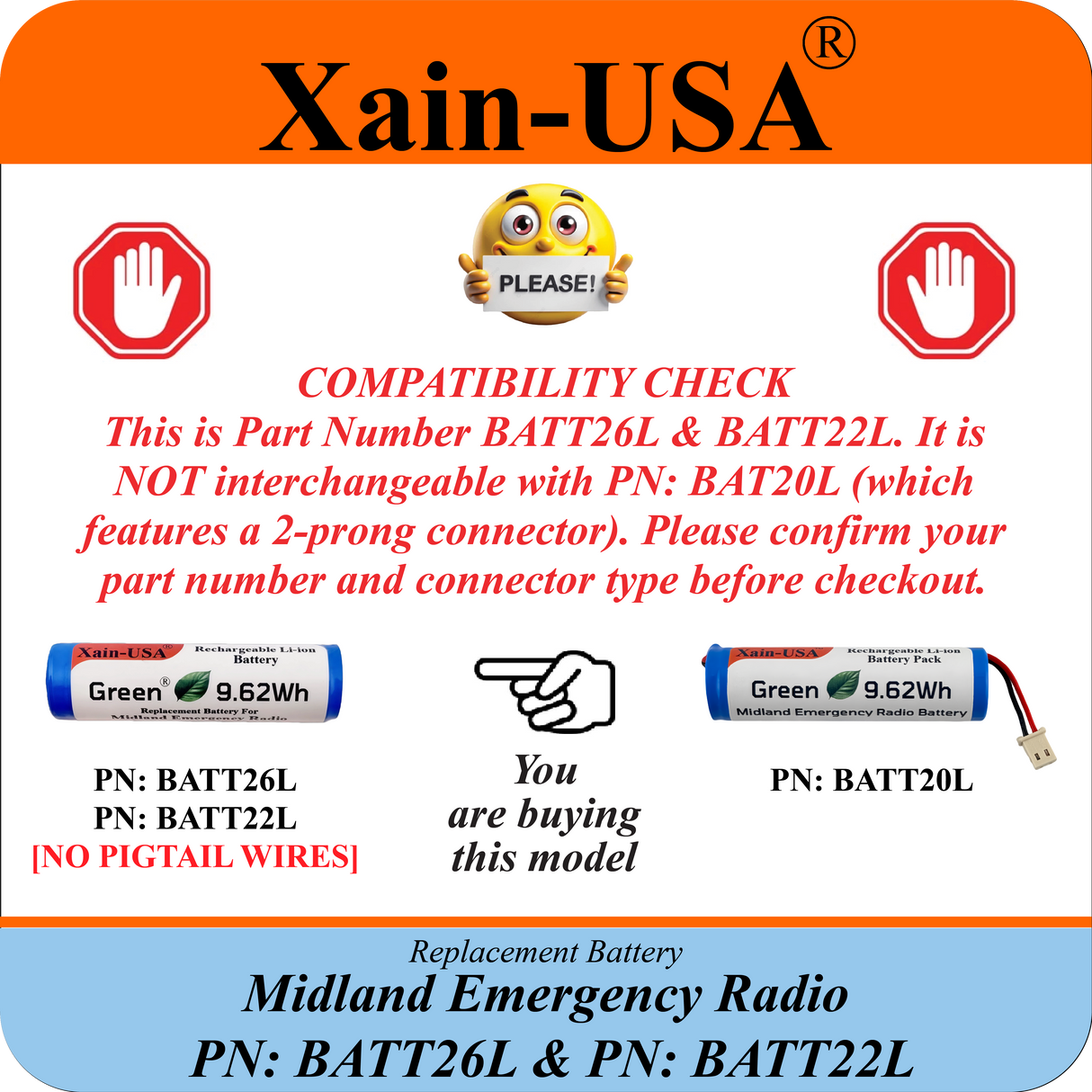 Battery Replacement for Midland ER210/ER310 (2nd Gen.)  / PN: BATT26L and PN:BATT22L / 2600mAh / with Built-in BMS
