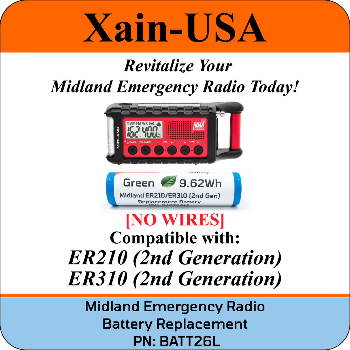 Midland Emergency Radio Replacement No-wires Battery (Second Gen)