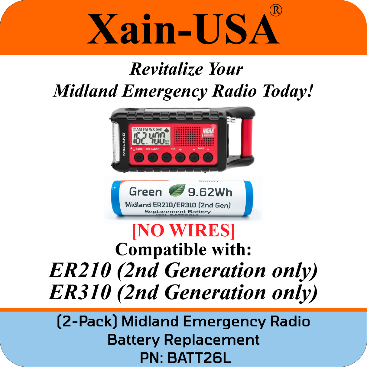 (2-Pack) Replacement Battery for Midland Emergency Radio ER210 (2nd Gen.) & ER310 (2nd Gen.)  PN: BATT26L 2600mAh