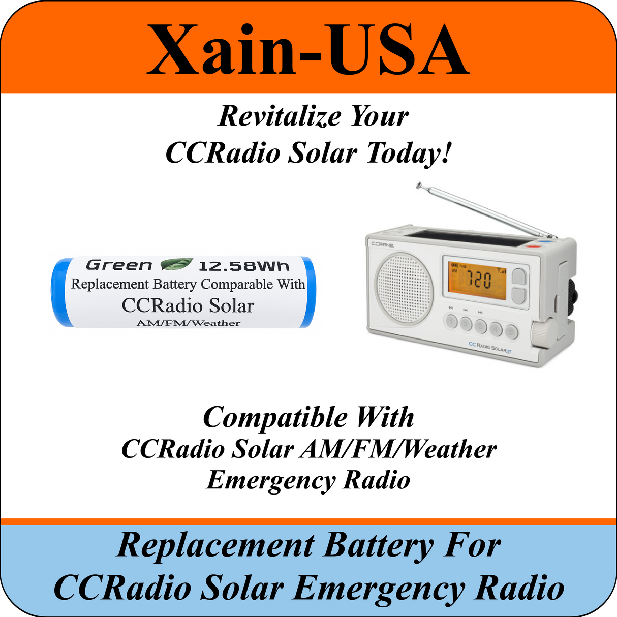 Replacement battery for the CCRadio Solar AM/FM/Weather Emergency Radio, Protected 3.7V Li-ion 3400mAh.