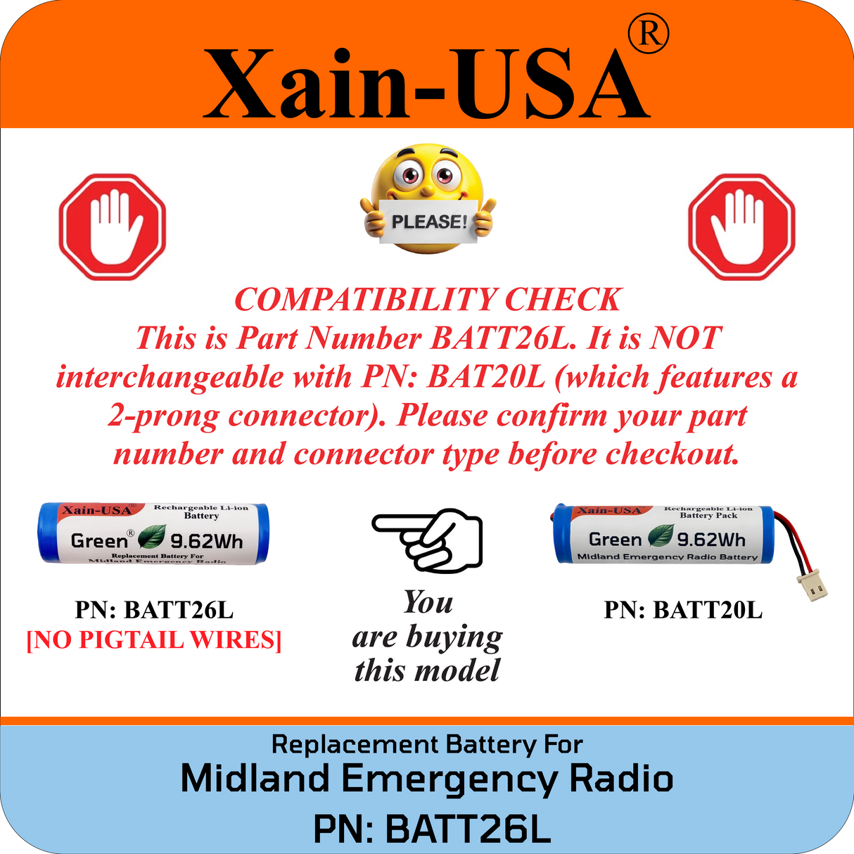 Replacement Battery for Midland Emergency Radio Models ER40 ER50 ER250BT  (PN: BATT26L) 2600mAh.
