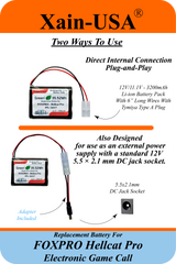 (2x2) SMART Battery Package / 3200mAh High-Capacity Replacement for FOXPRO Hellcat Pro Game Caller. Featuring Xain-Extra cells 1000 charge cycles. Comes with charger adapter / PN: 34317 / 11.1V 3S1P