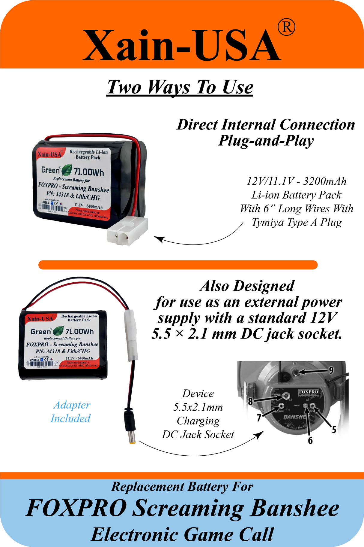 (Xain-HUNT) Powerful 6400mAh SMART Package replacement battery for FOXPRO PN: Lith/CHG & PN: 34318 / fits: Banshee, Hellfire, Krakatoa-ii, Screaming Banshee, Shockwave, Snow Commando, X1 X24 X2S Xwave
