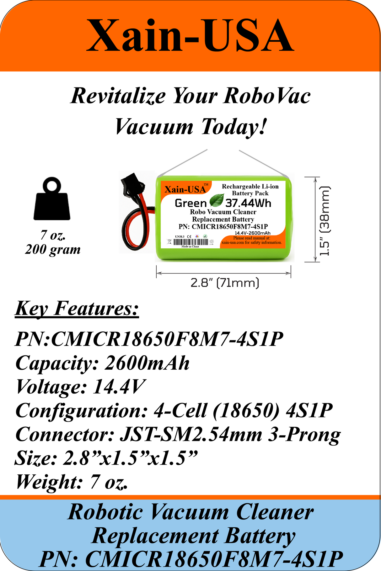 Replacement Battery for Salente  G4 & L6 Robot Vacuum Cleaners PN: 106936, 14.4V - 2600mAh  (37.4Wh) with Built-in Battery Management System (BMS)