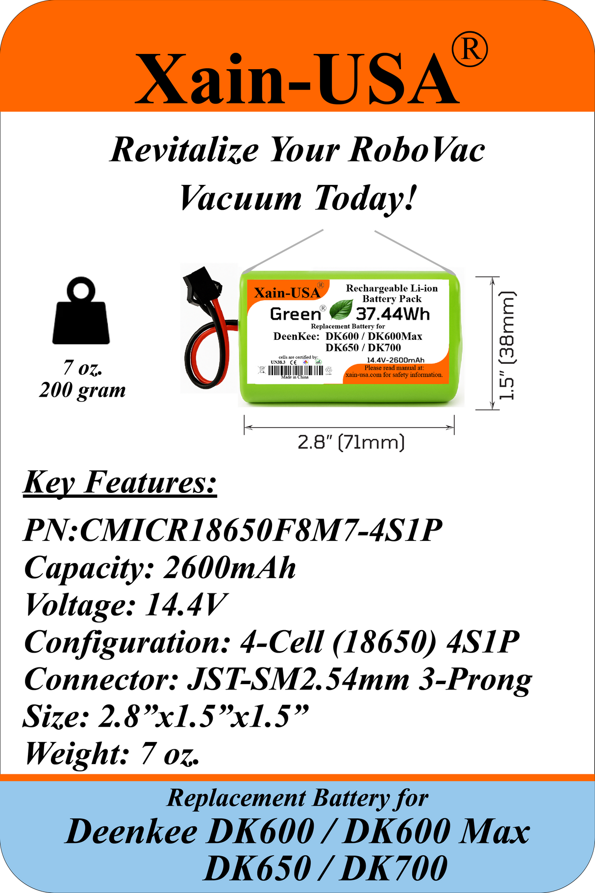 (Xain-Vac) Premium Replacement Battery for Deenkee DK600 / DK600 Max / DK650 / DK700 Robot Vacuum Cleaners 14.4V - 2600mAh  (37.4Wh) with Built-in Battery Management System (BMS)