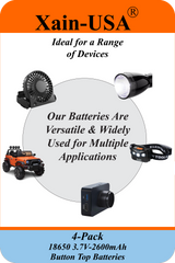 4-Pack 3.7V 2600mAh 18650 Button Top Rechargeable Li-ion Batteries – 9.62Wh, Unprotected Cells