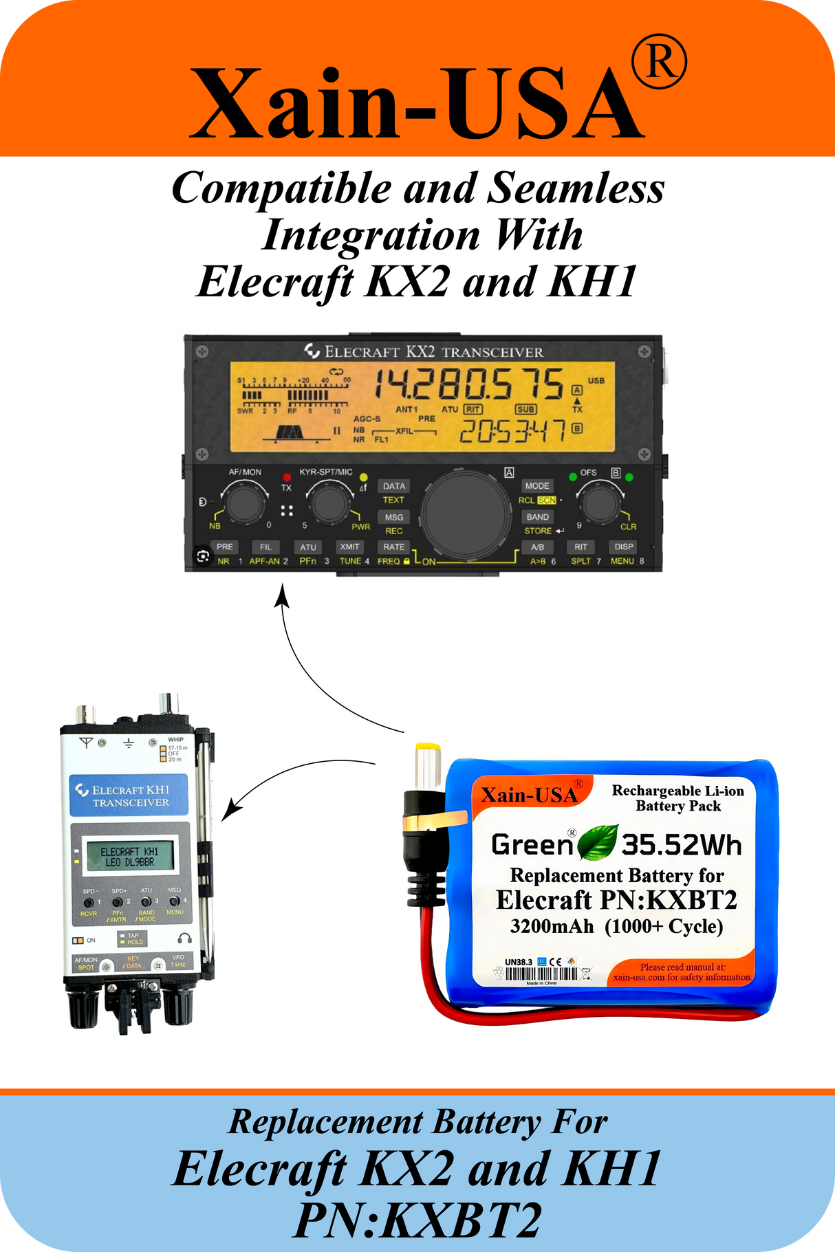 Long-Lasting 3200mAh Rechargeable Li-ion Battery PN: KXBT2 | Direct Replacement for Elecraft KX2 & KH1 | Premium Xain-Xtra Cells, 1000+ Charge Cycles