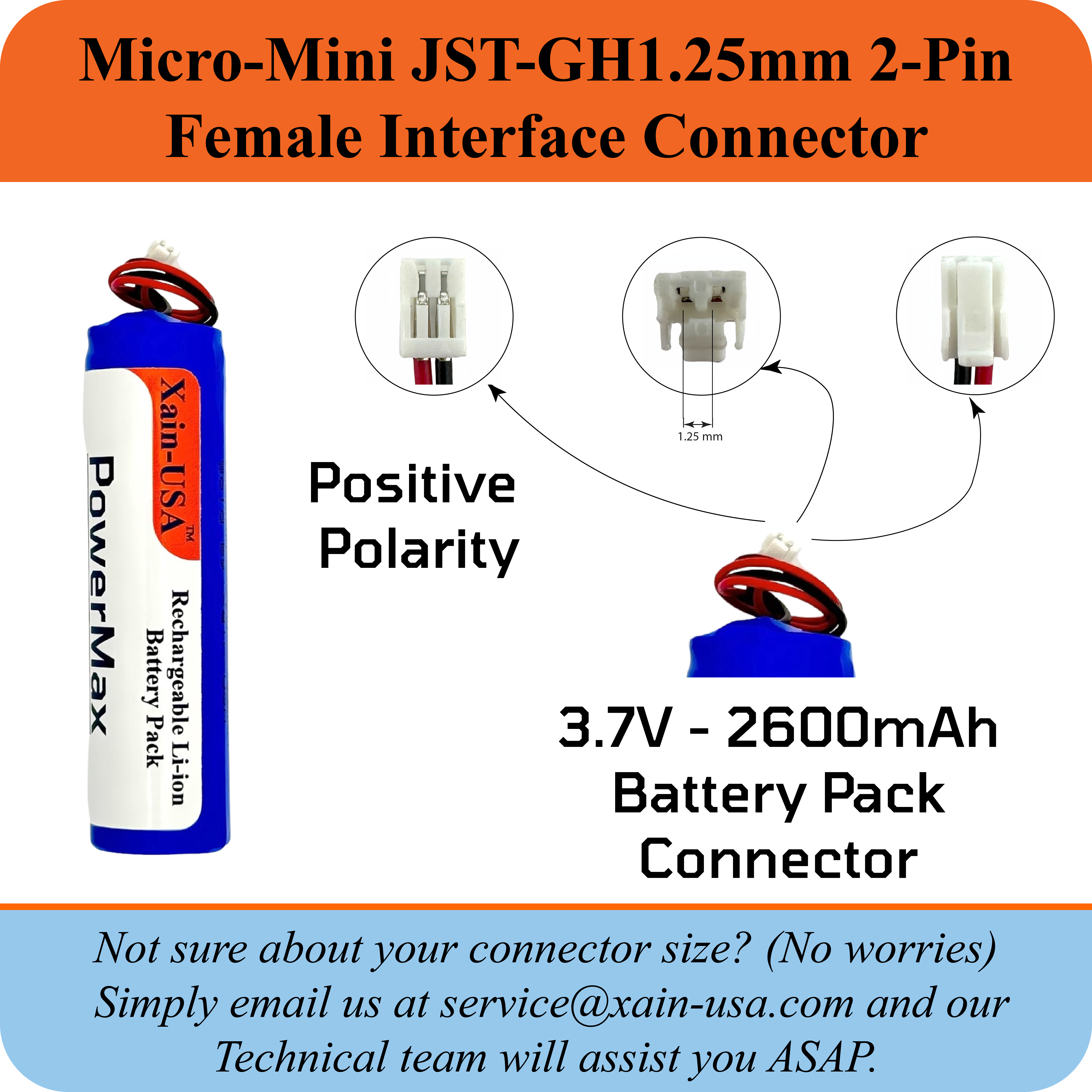 3.7V 2600mAh Li-ion Replacement Battery, With Micro Mini JST-GH1.25mm 2-Pin connector and Battery Management System.