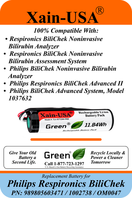 Xain-USA 3.7V 3200mAh Replacement Battery for Philips Respironics BiliChek Bilirubin Analyzer | Replaces 989805603471, 1002738, OM0047