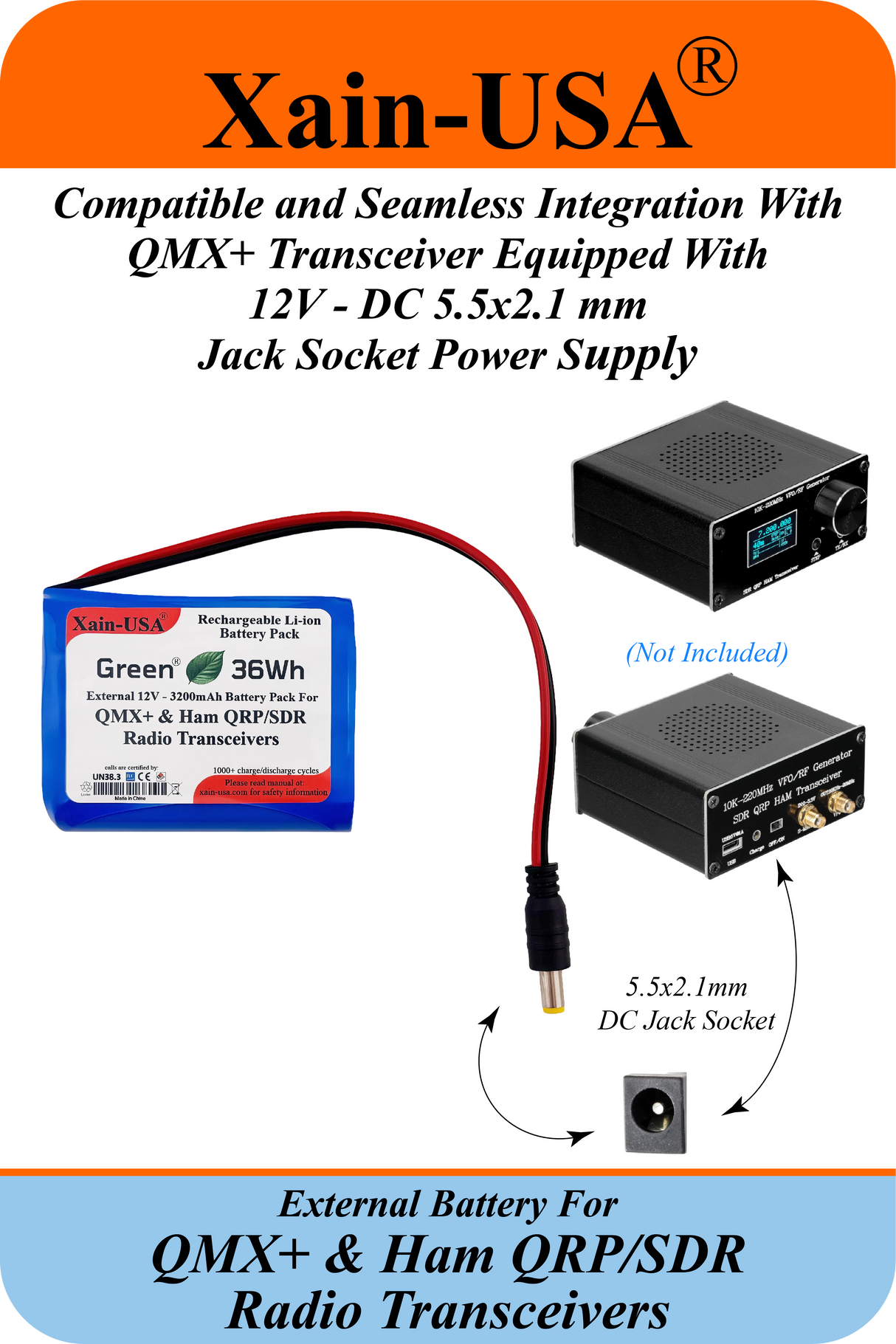 12V 3200mAh Li-ion Rechargeable External Battery – Compatible with QMX+ Transceivers & SDR/QRP Ham Radios  High-Endurance Power with Xain-Xtra Cells, Rated for 1000+ Charge Cycles