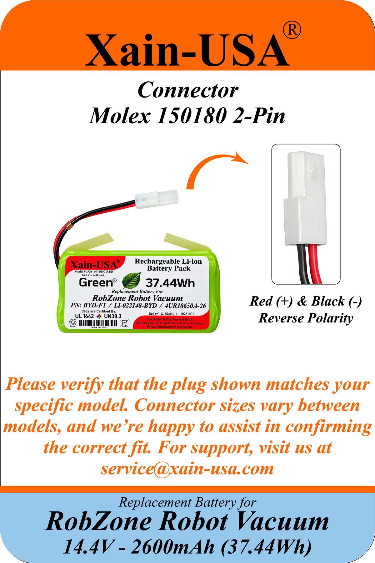 Xain-USA 14.4V 2600mAh Replacement Battery for RobZone Roomy 2.0, Roomy 3.0, Fun Beat KS290, Bralko Galaxy | Replaces LI-022148-BYD, BYD-F1 | Built-In BMS