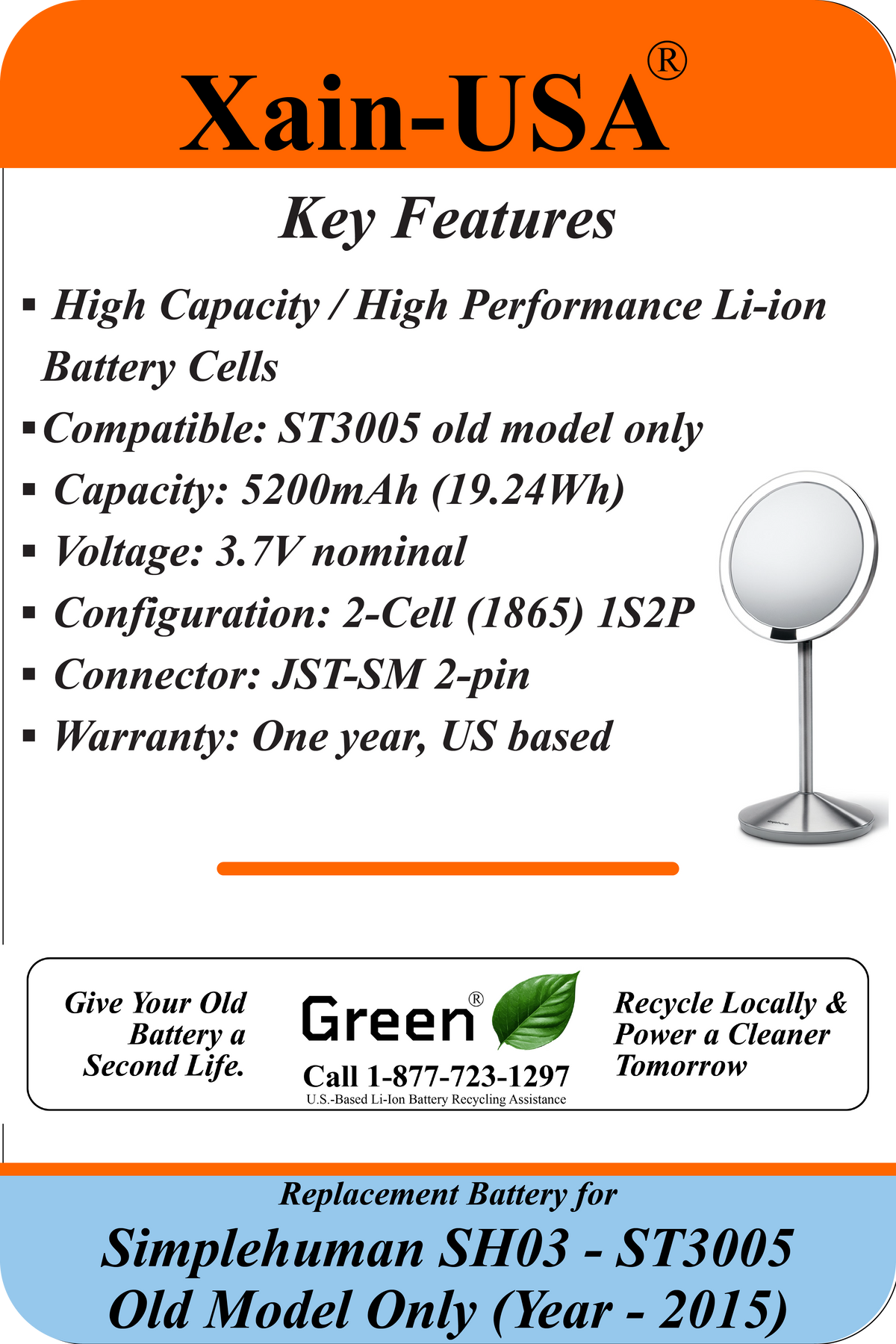 5200mAh Replacement Battery for Simplehuman Sensor Mirror SH03 / ST3005 (Year - 2014 Model Only) JST-SM 2-Pin Connector — Verify Connector Before Ordering