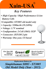 5200mAh Replacement Battery for Simplehuman Sensor Mirror SH03 / ST3005 (Year - 2014 Model Only) JST-SM 2-Pin Connector — Verify Connector Before Ordering