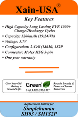 High-Capacity Replacement Battery for Simplehuman SH03, SH1S2P – 3.7V 5200mAh (19.24Wh) with Built-in BMS – Lasts 2X Longer Than Standard Packs