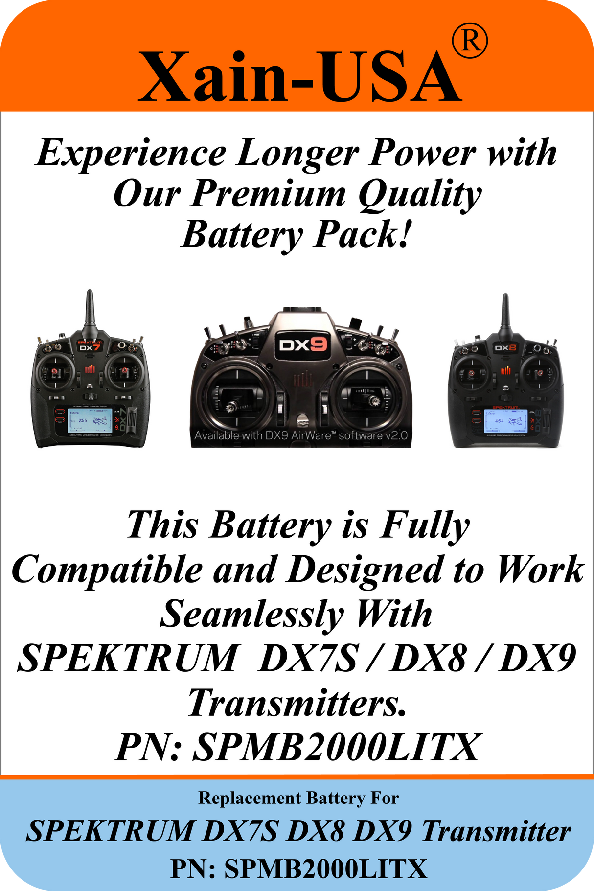 7.4V 2600mAh Li-Ion Replacement Battery for Spektrum DX7S/DX8/DX9 Transmitters, PN SPMB2000LITX, JST-EH2.54 2-Pin, Built-in BMS