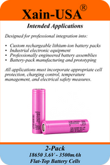 Xain-USA (2-Pack) Samsung SDI INR18650-35E 3.6V 3500mAh Rechargeable Li-ion Battery | 18650 Flat Top, 8A Continuous Discharge, Unprotected Industrial Cell
