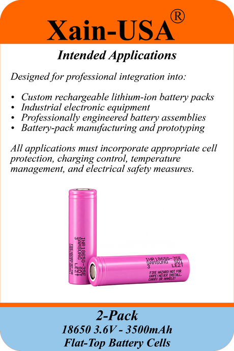Xain-USA (2-Pack) Samsung SDI INR18650-35E 3.6V 3500mAh Rechargeable Li-ion Battery | 18650 Flat Top, 8A Continuous Discharge, Unprotected Industrial Cell