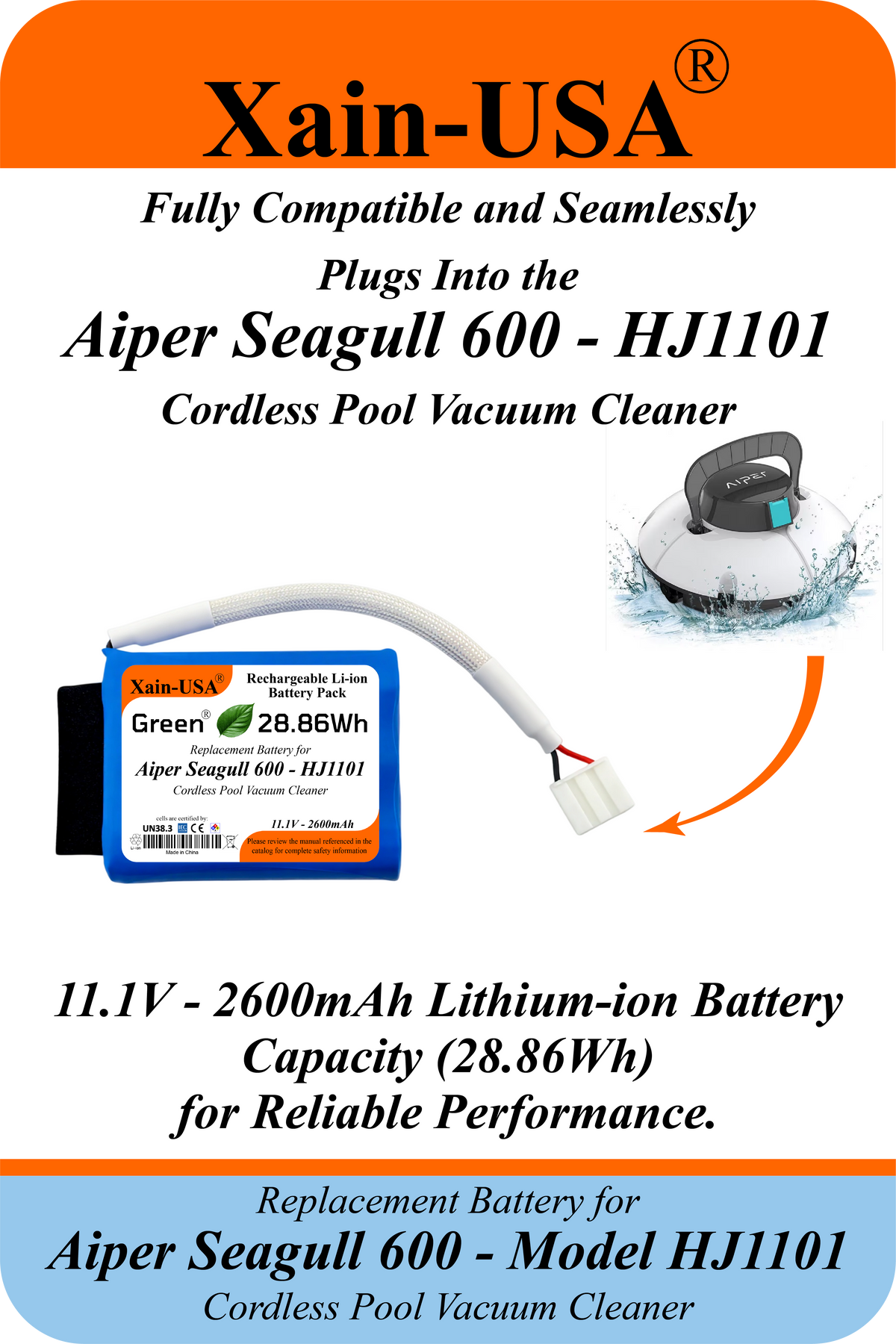 2600mAh Replacement Battery for Aiper Seagull 600 HJ1102 Cordless Pool Vacuum, 11.1V 28.86Wh, Built-in BMS – Check Connector Compatibility Before Ordering