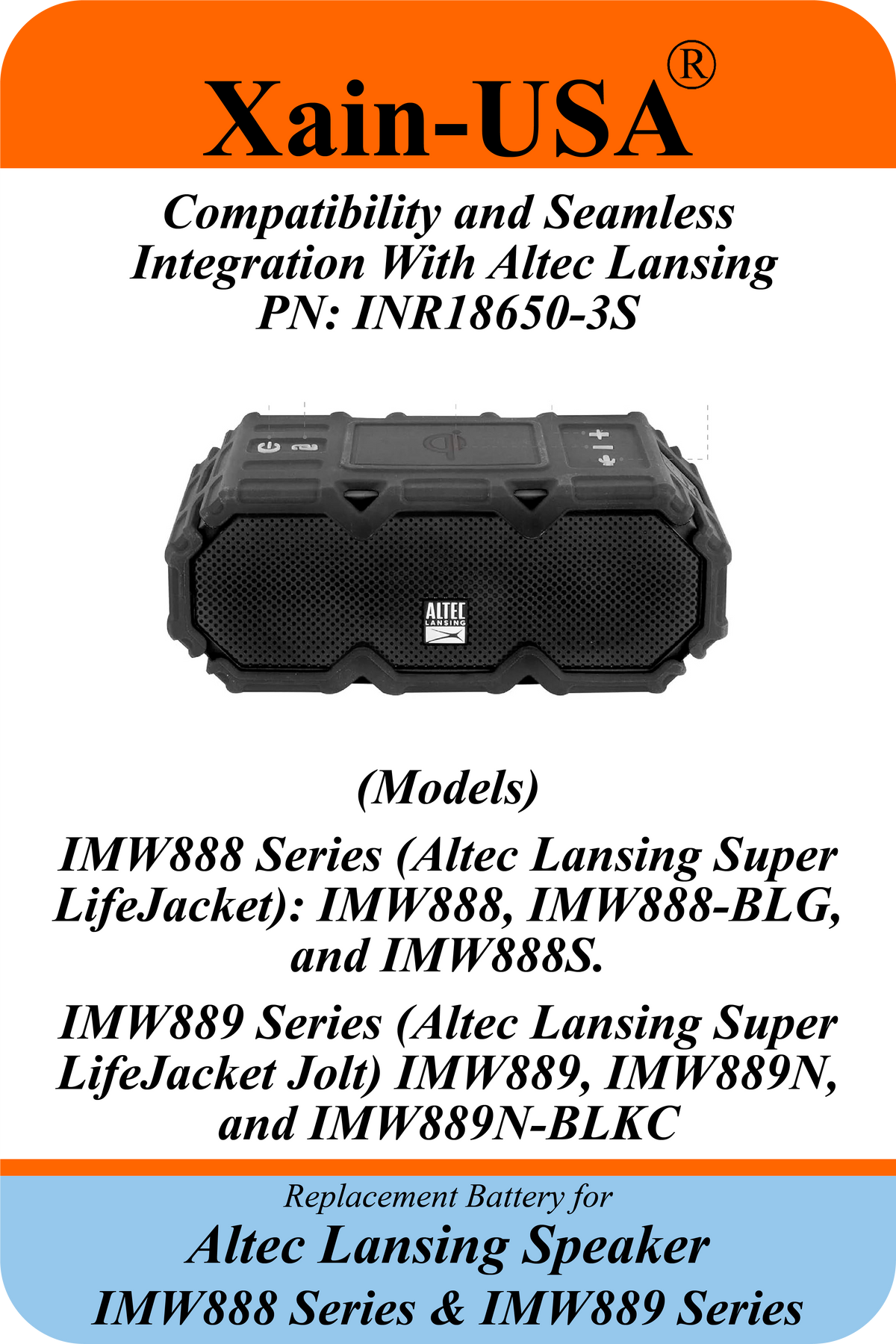 Xain-USA UL 2054 Certified 11.1V 2600mAh Replacement Battery for Altec Lansing Super LifeJacket IMW888 & Jolt IMW889 Series Speakers, 28.86Wh, 5A BMS