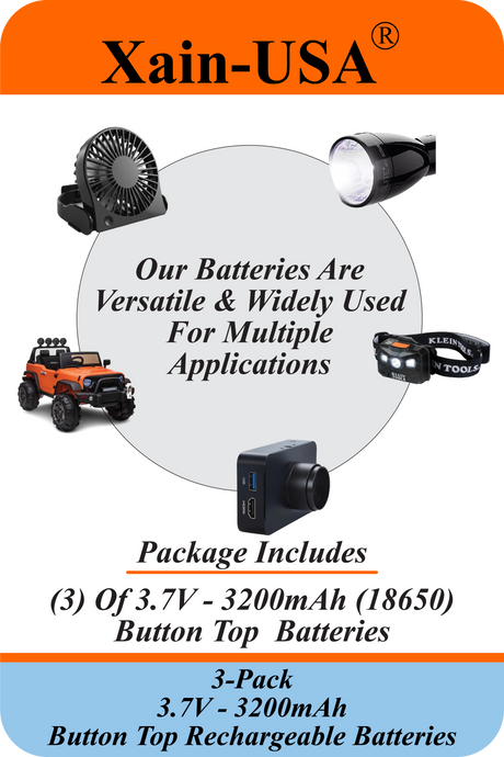 Xain-USA | 3-Pack 3.7V 3200mAh Headlight Batteries | EVE 33V 18650 Button Top Li-Ion Cells | 10A Discharge | Unprotected