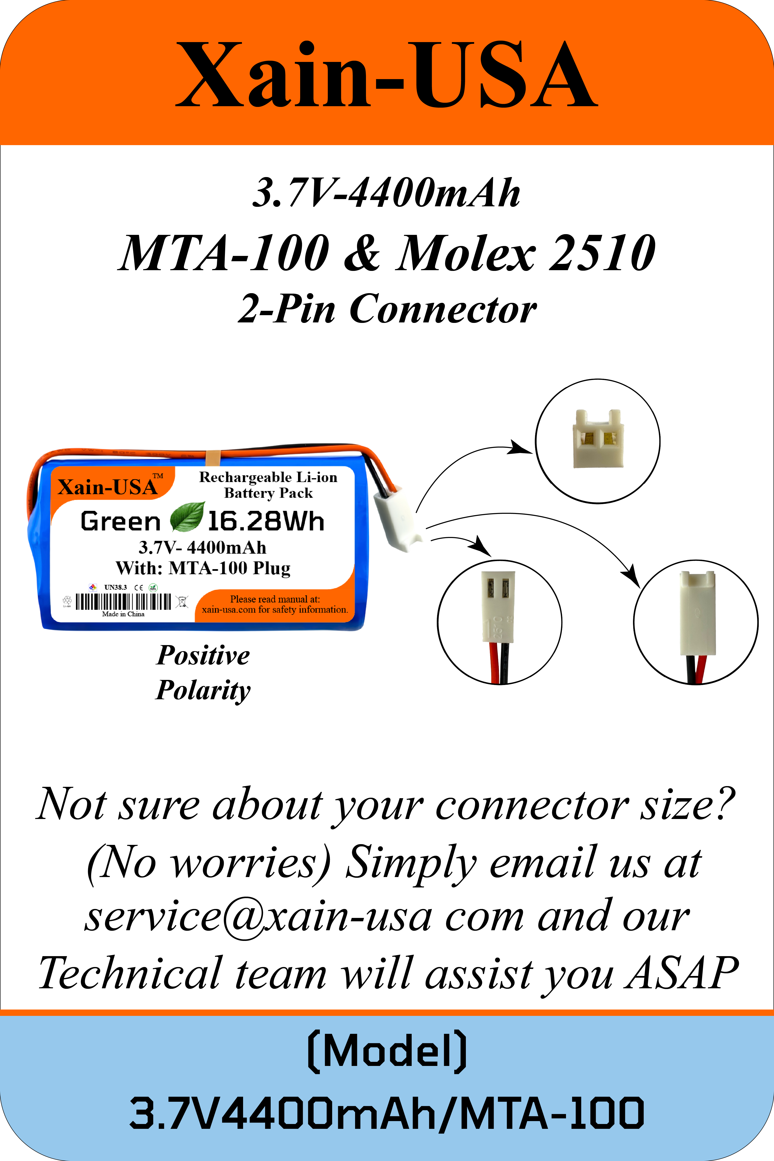 3.7V 4400mAh Li-ion Battery Pack with MTA-100 Plug