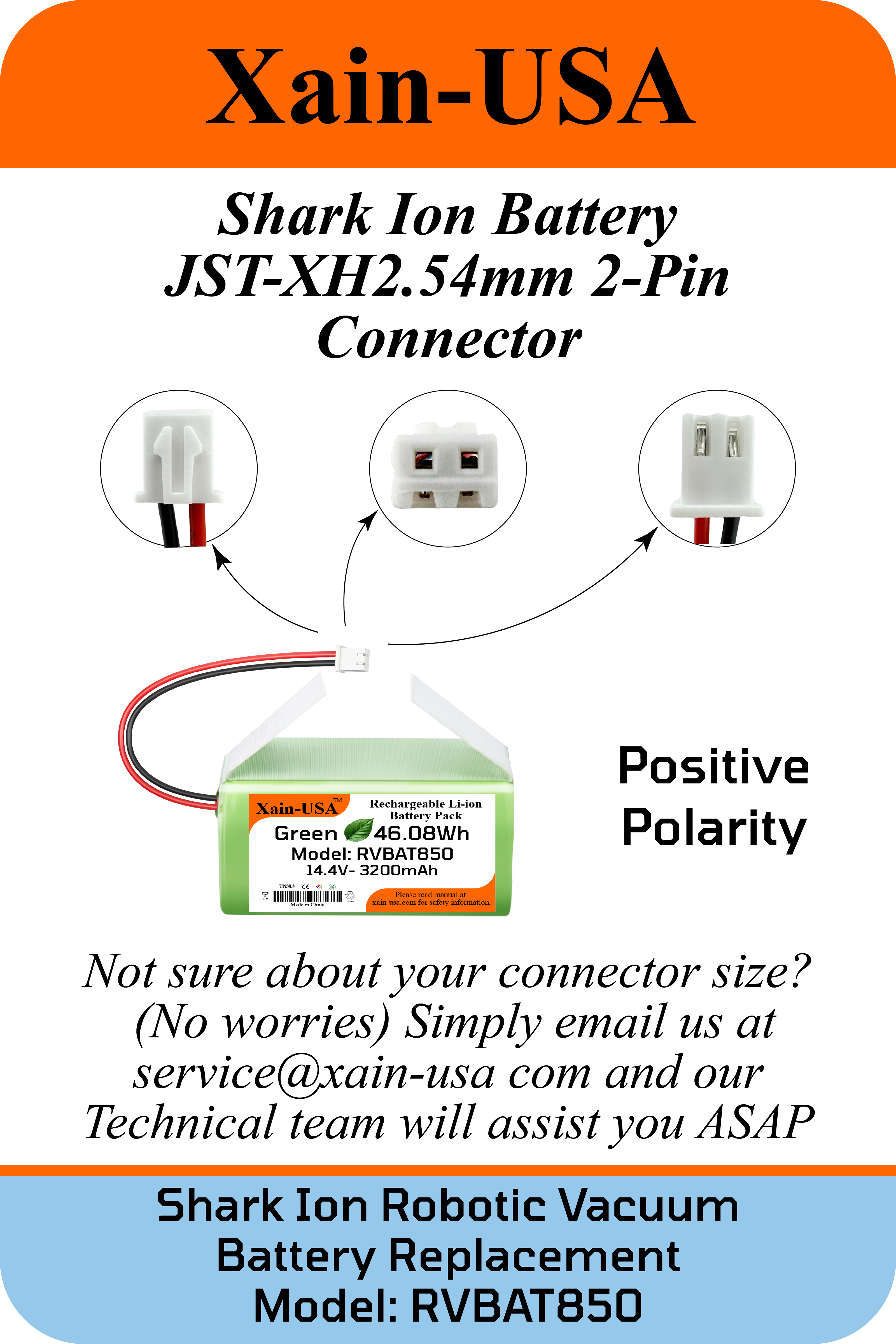 14.4V 3200mAh RVBAT850 Replacement Battery: 2-Prong Connector. Compatible with: Shark Ion Robot Vacuum Models R75, RV761, RV850C, RV1000S, UR1000SR_N, RV700_N, RV720_N, Equipped with (BMS).