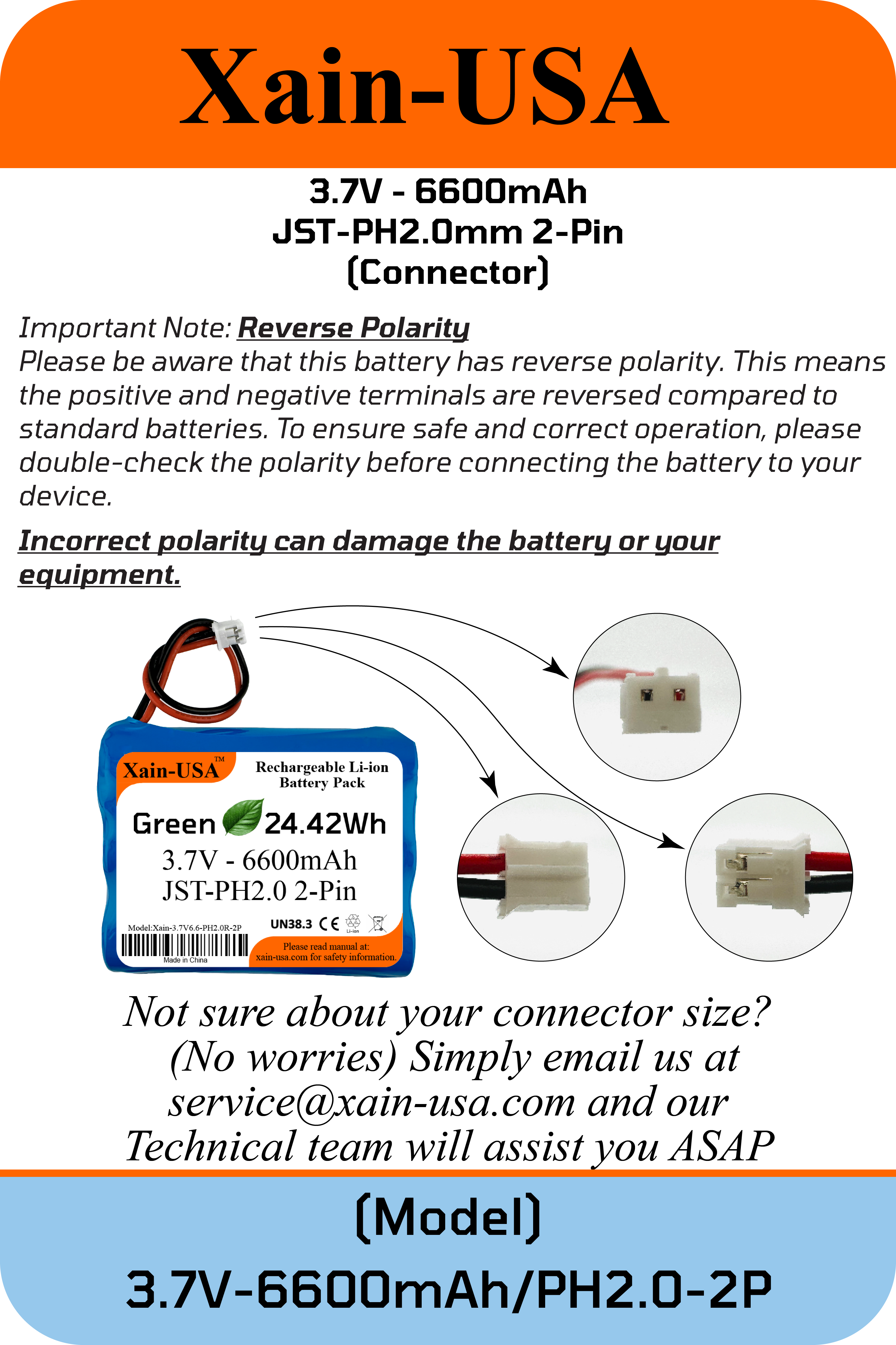 3.7V 6600mAh Rechargeable Li-ion Battery Pack 1S3P, JST-PH2.0 2-pin Connector / Replacement - Compatible with Simplehuman Mirrors