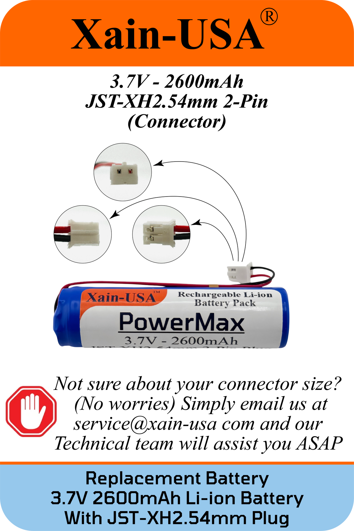 (2-Pack) 3.7V 2600mAh Li-ion Battery Pack (9.62Wh) with JST-XH 2-Pin Connector – Rechargeable 1S Pack for RC Cars, Robots, LED Lights, Portable Electronics, DIY Electronics Products