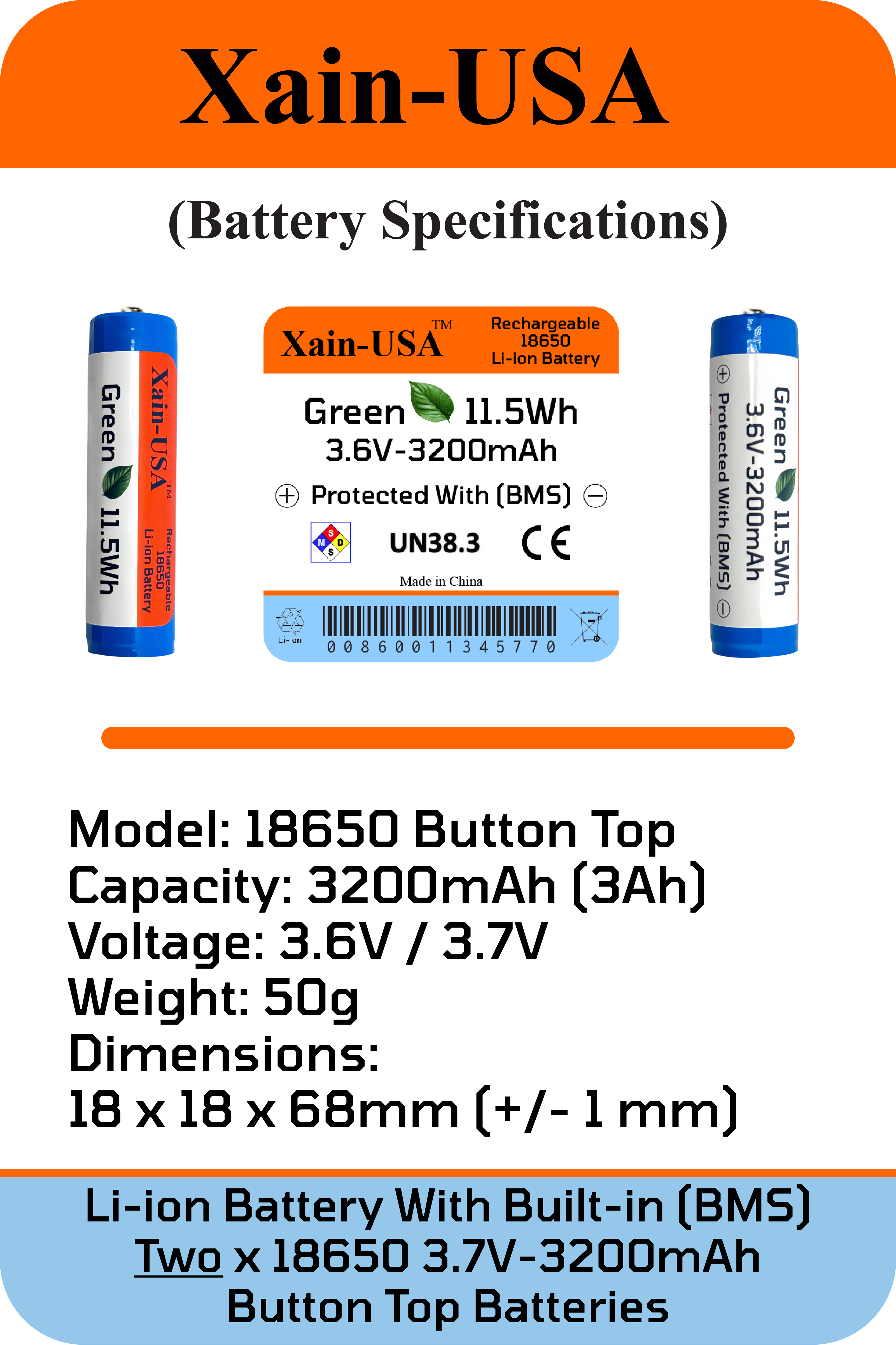 2-Pack 3.7V Single Slot 18650 Battery Charger With 2 x 3200mAh Li-ion Batteries.