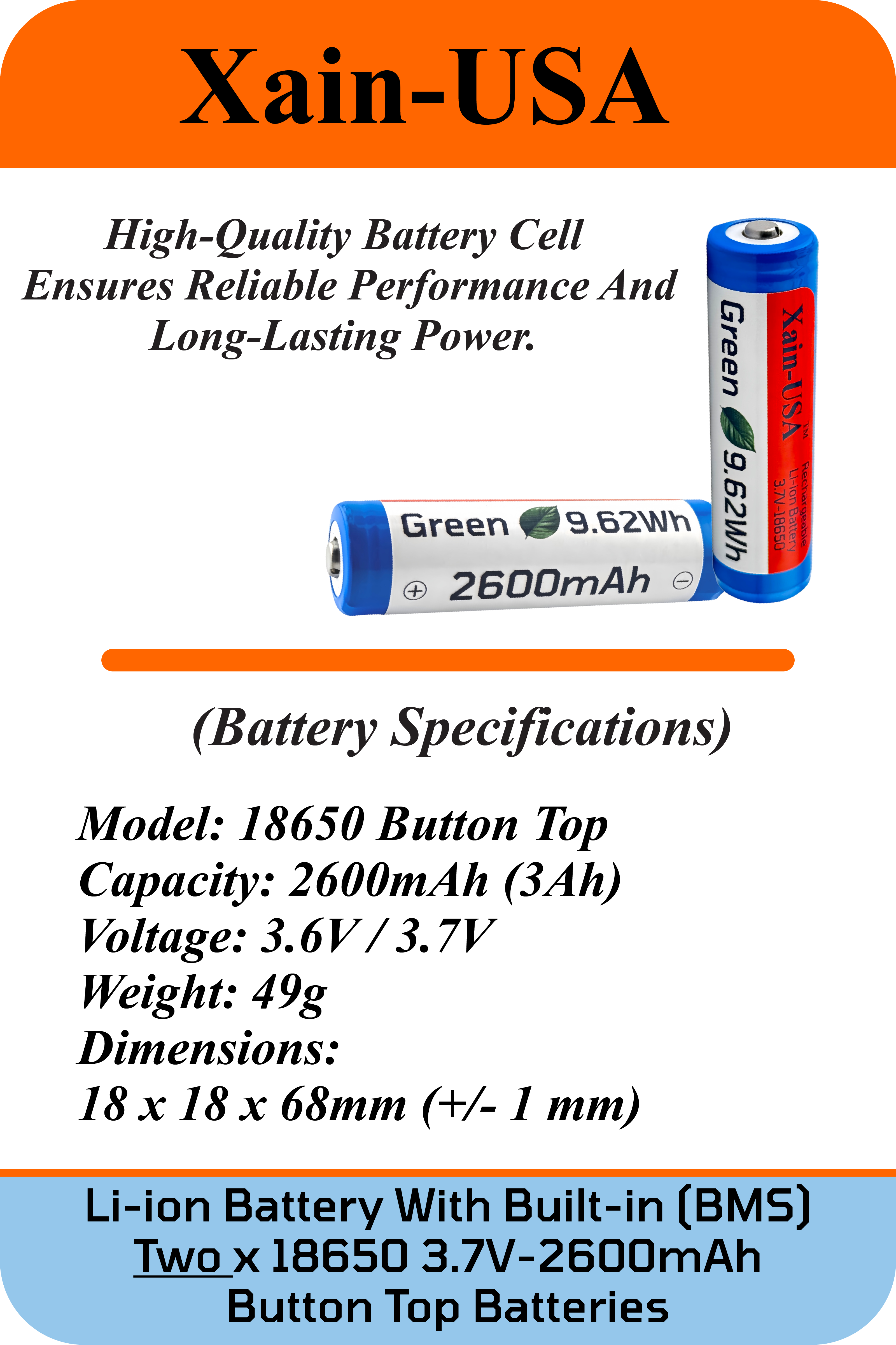 2-Pack of 3.7V 2600mAh 18650 Button-Top Rechargeable Batteries.