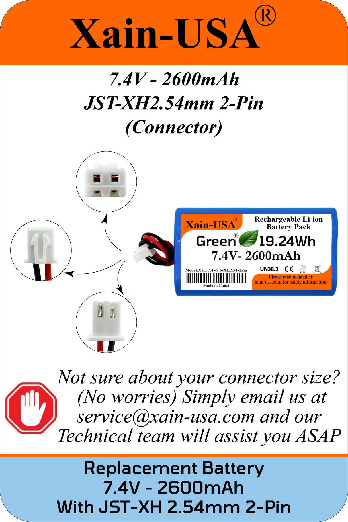 (2-Pack) 7.4V 2600mAh Li-ion Battery Pack (19.24Wh) with JST-XH 2-Pin Connector – Rechargeable 2S Pack for RC Cars, Robots, LED Lights, Portable Electronics, DIY Electronics Products