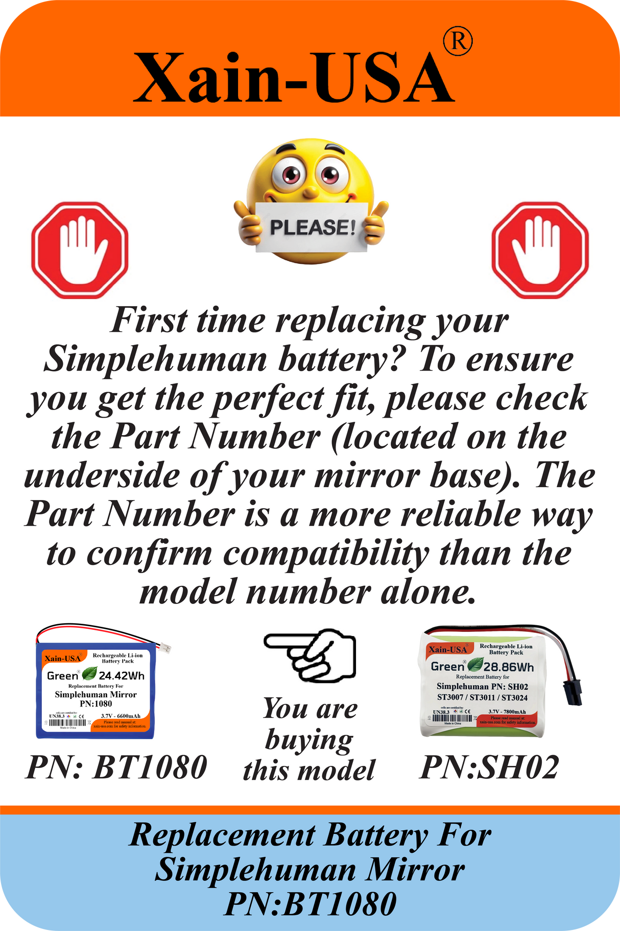 Replacement Battery PN: BT1080 for Simplehuman Mirrors (ST3024 ST3026 ST3027 ST3028) | 3.7V 6600mAh | Please Verify Part Number and Connector Before Purchase