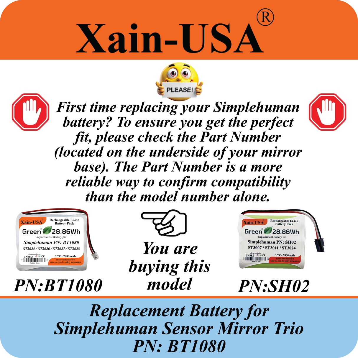 7800mAh ULTRA-CAPACITY Replacement Battery for Simplehuman PN:BT1080 Model: ST3024 Sensor Mirror Trio, 3.7V Rechargeable Li-ion Pack, Built with Xain-Xtra Cells for 1000+ Cycles, Twice the Lifespan of Standard Cells