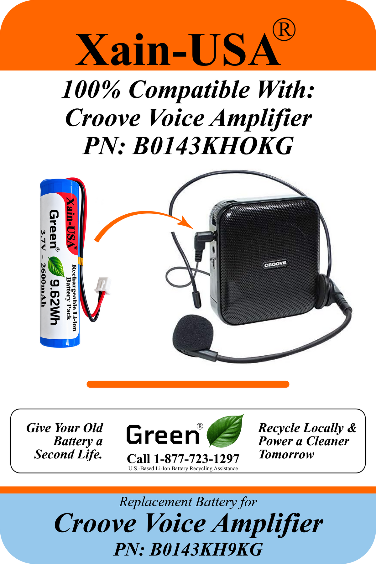 2-Pack 3.7V 2600mAh Replacement Battery for Croove Voice Amplifier PN B0143KH9KG, Rechargeable Li-ion 18650 Battery Pack, JST-XH2.54 2-Pin Connector, Built-in Protection, 9.62Wh