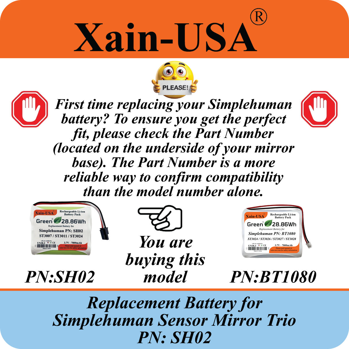 7800mAh ULTRA-CAPACITY Replacement Battery for Simplehuman PN:SH02 Models ST3007 ST3011 & ST3024 Sensor Mirror Trio, 3.7V Rechargeable Li-ion Pack, Built with Xain-Xtra Cells for 1000+ Cycles.