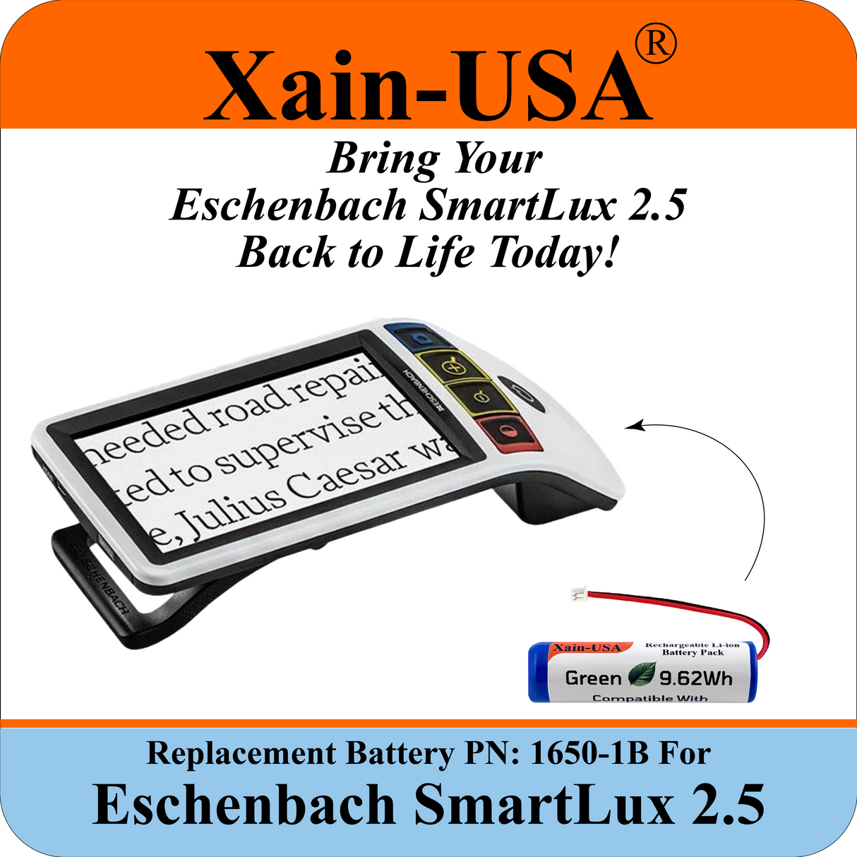 Eschenbach SmartLux 2.5 Portable Video Magnifier Replacement Battery – 2600mAh 3.7V, PN 1650-1B