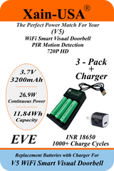 3-Pack 3.7V 3200mAh Li-ion Batteries with Charger for V5 WiFi Smart Visual Doorbell – Ultra-High Capacity, 1000+ Charge Cycles, PIR Motion Detection, 720P HD Compatible