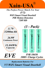 (3‑Pack) 3.7V 3200mAh Li‑ion Replacement Batteries Compatible with V5 WiFi Smart Visual Doorbell, PIR Motion Detection, 720P HD / Ultra‑High Capacity / 1000+ Charge Cycles
