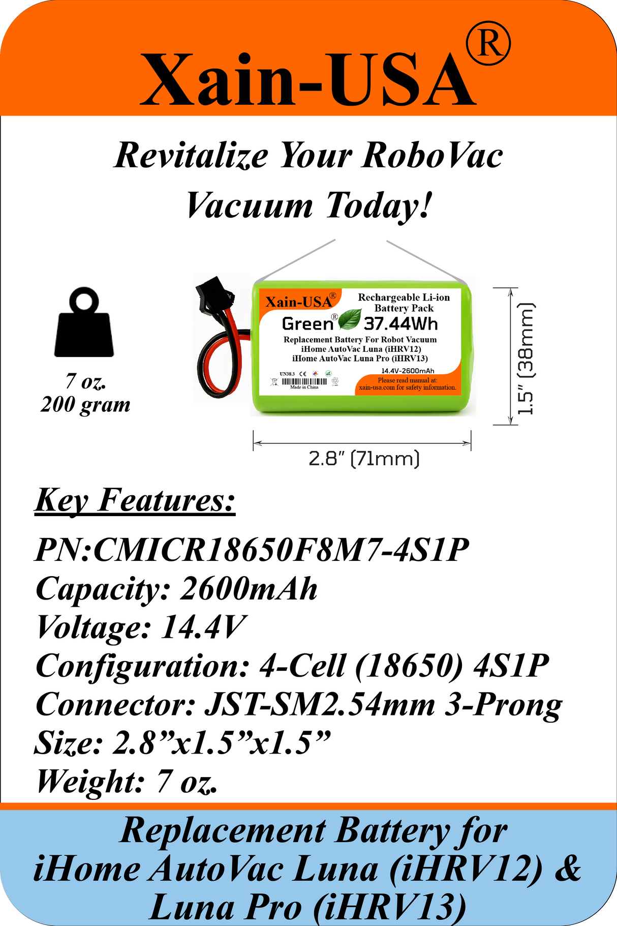 Replacement Battery 14.4V 2600mAh (37.4Wh) for iHome AutoVac Luna iHRV12 & Luna Pro iHRV13 Robot Vacuum Cleaner