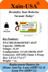 Replacement Battery 14.4V 2600mAh (37.4Wh) for iHome AutoVac Luna iHRV12 & Luna Pro iHRV13 Robot Vacuum Cleaner
